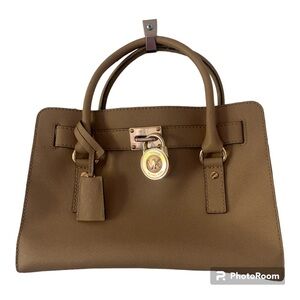 Michael Kors Hamilton Beige Saffiano Leather Satchel, Gold Chain Accent and Lock